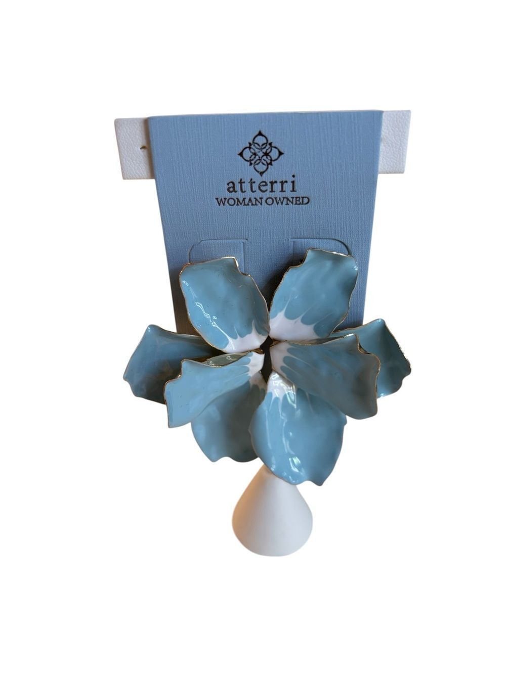 Light Blue & White Ombré Floral Petal Earrings w/ Gold Tone Foiled Edges.